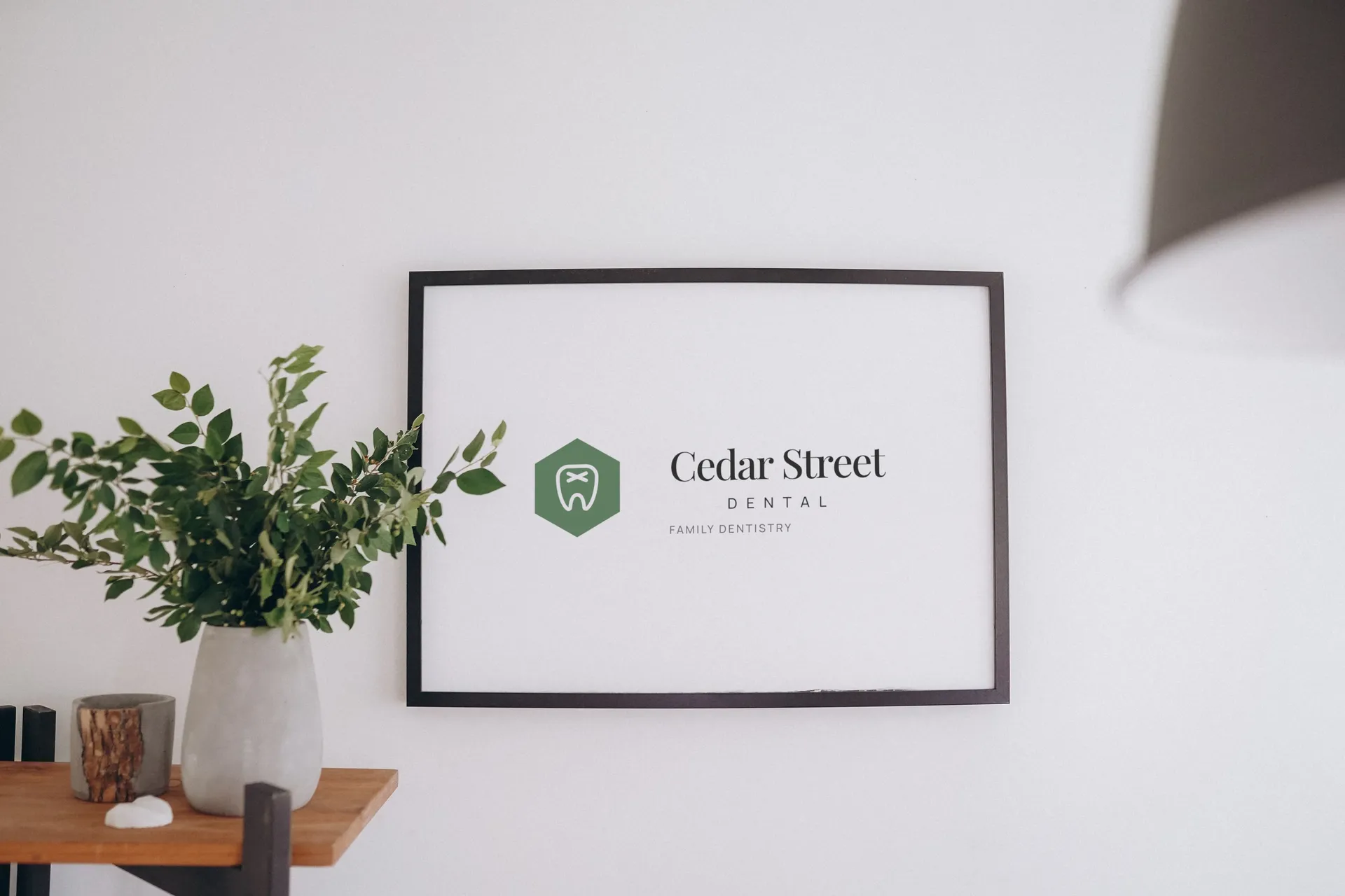 Cedar Street Dental logo on framed print on a white wall