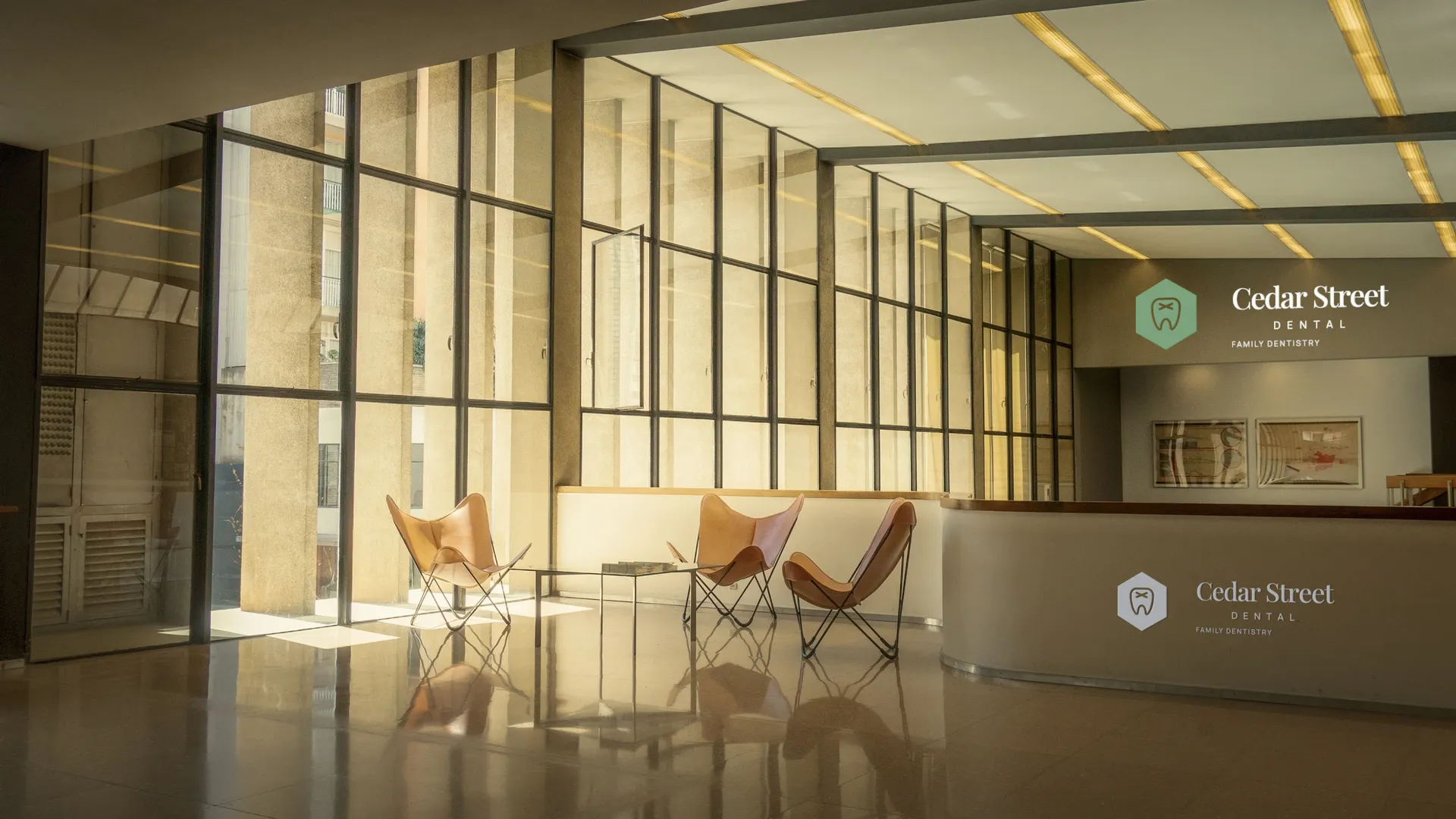 Cedar Street Dental logo on lobby with reception