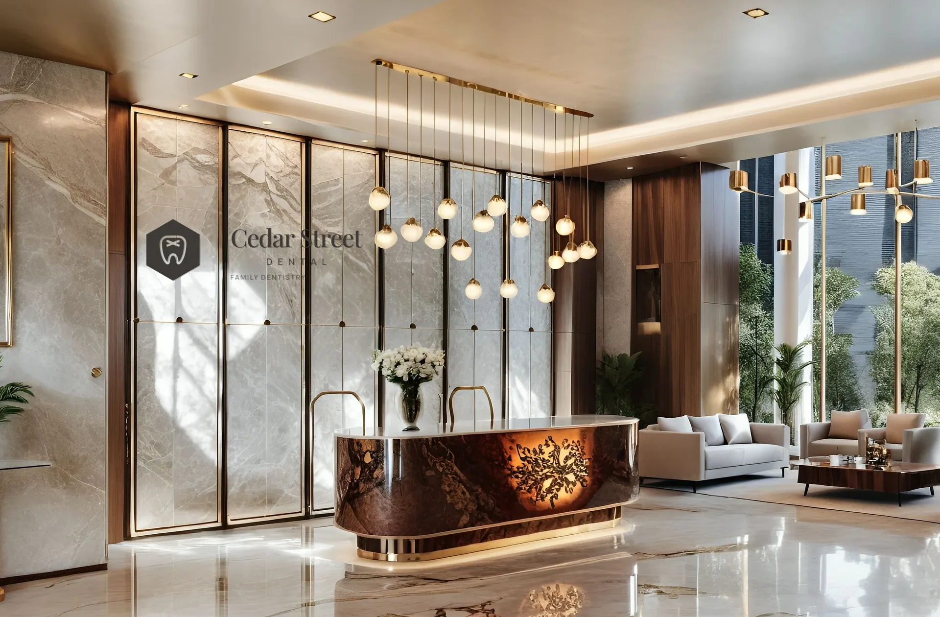 Cedar Street Dental logo on marble lobby