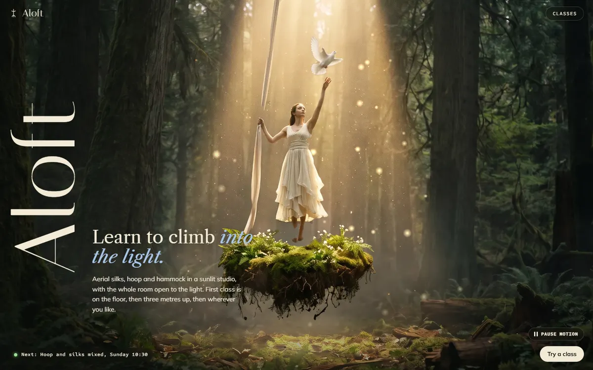 Aloft Aerialist Rising on a Floating Forest Island website template