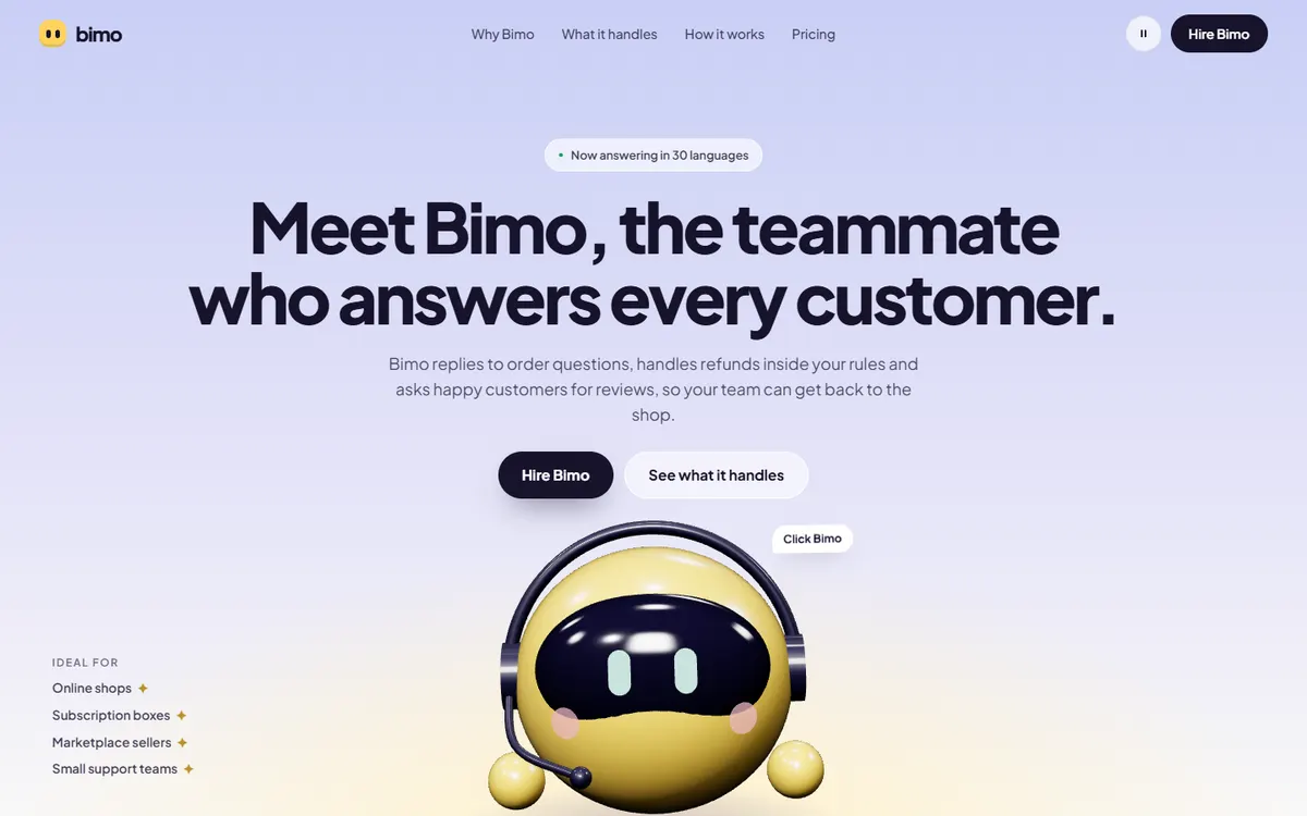 Bimo AI Support Teammate website template