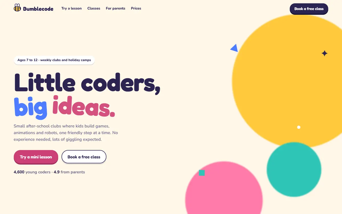 Bumblecode Kids Coding Club With a Playable Lesson website template