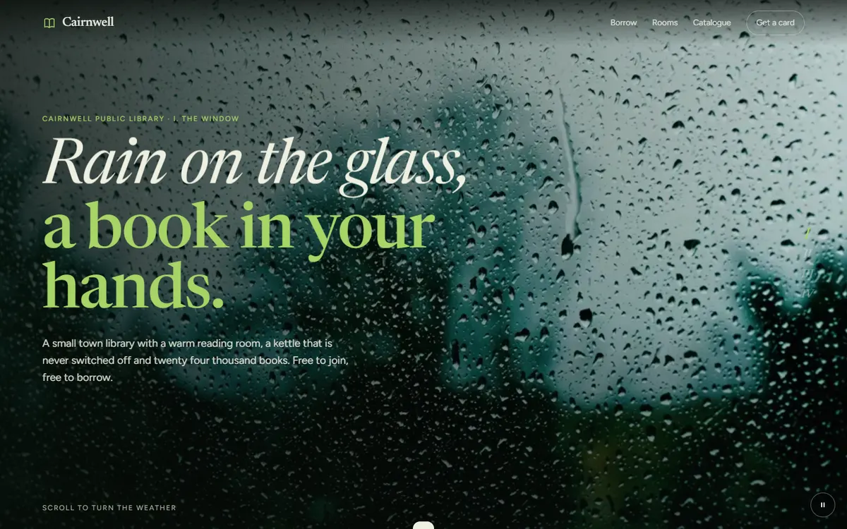 Cairnwell: a library you scroll through on a rainy day website template