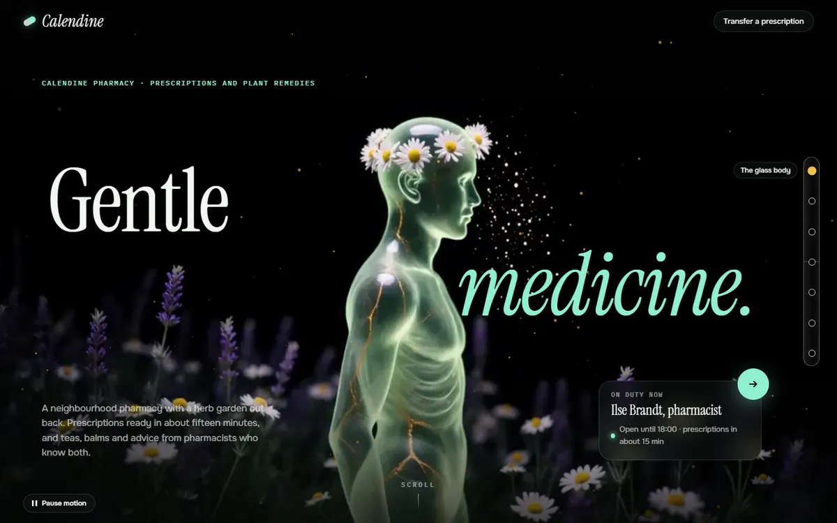 Calendine Glass Body Pharmacy Film in a Night Meadow website template