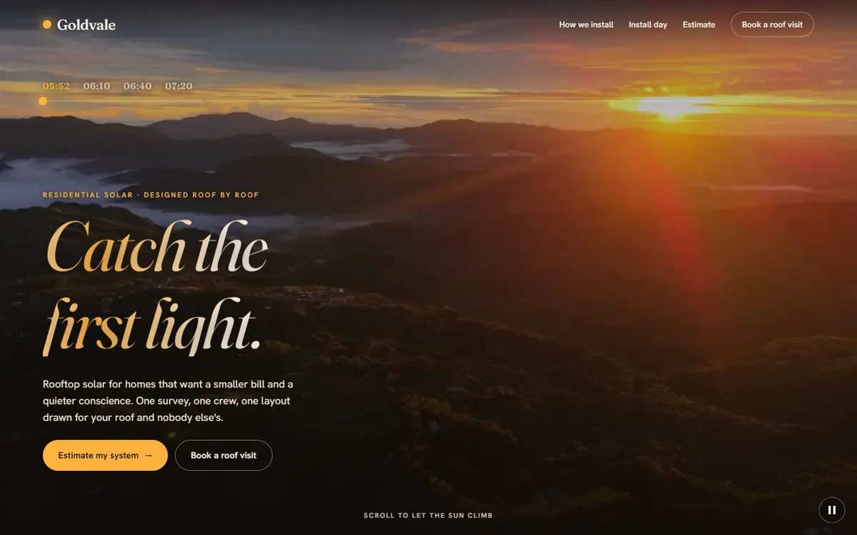 Goldvale: scroll the sun up over a real valley website template