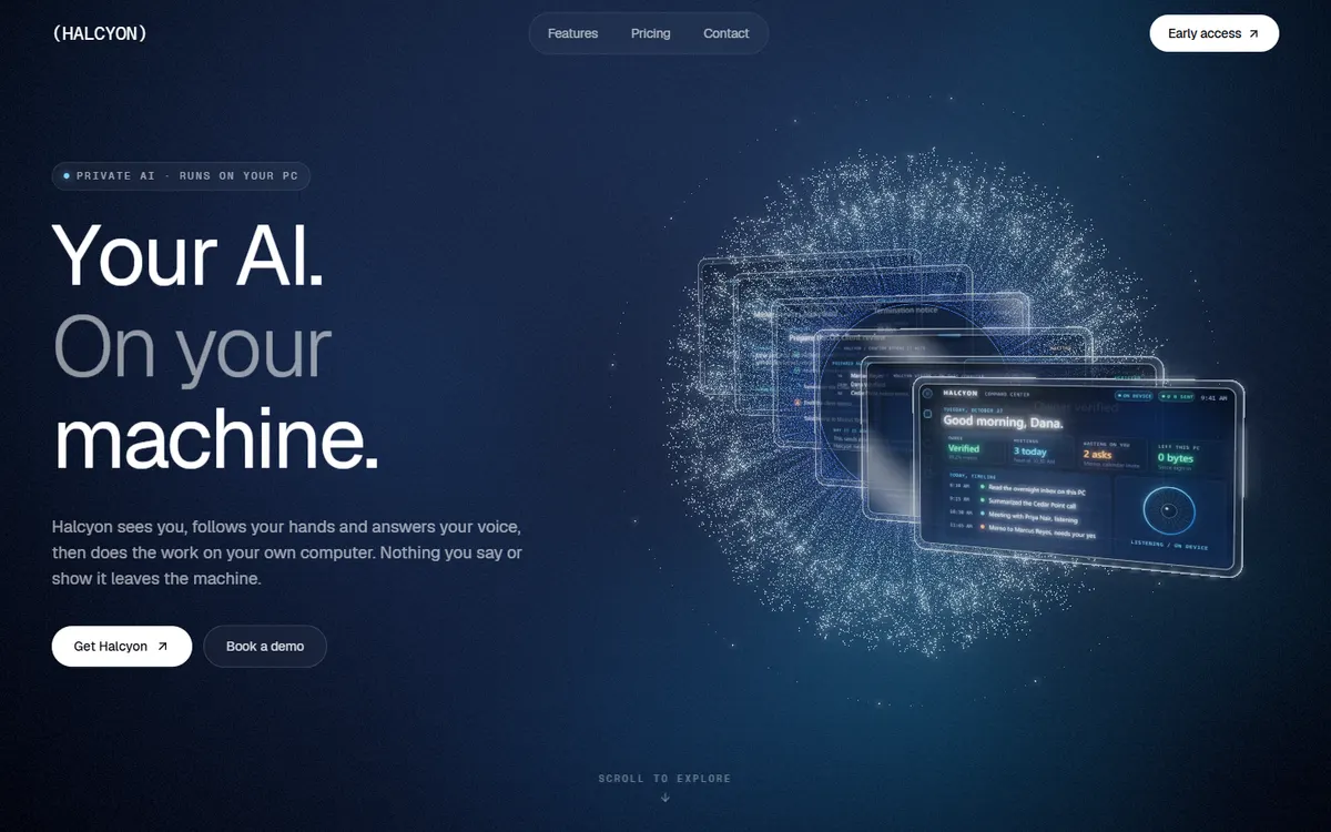 Halcyon Private AI with a Living Particle Iris website template