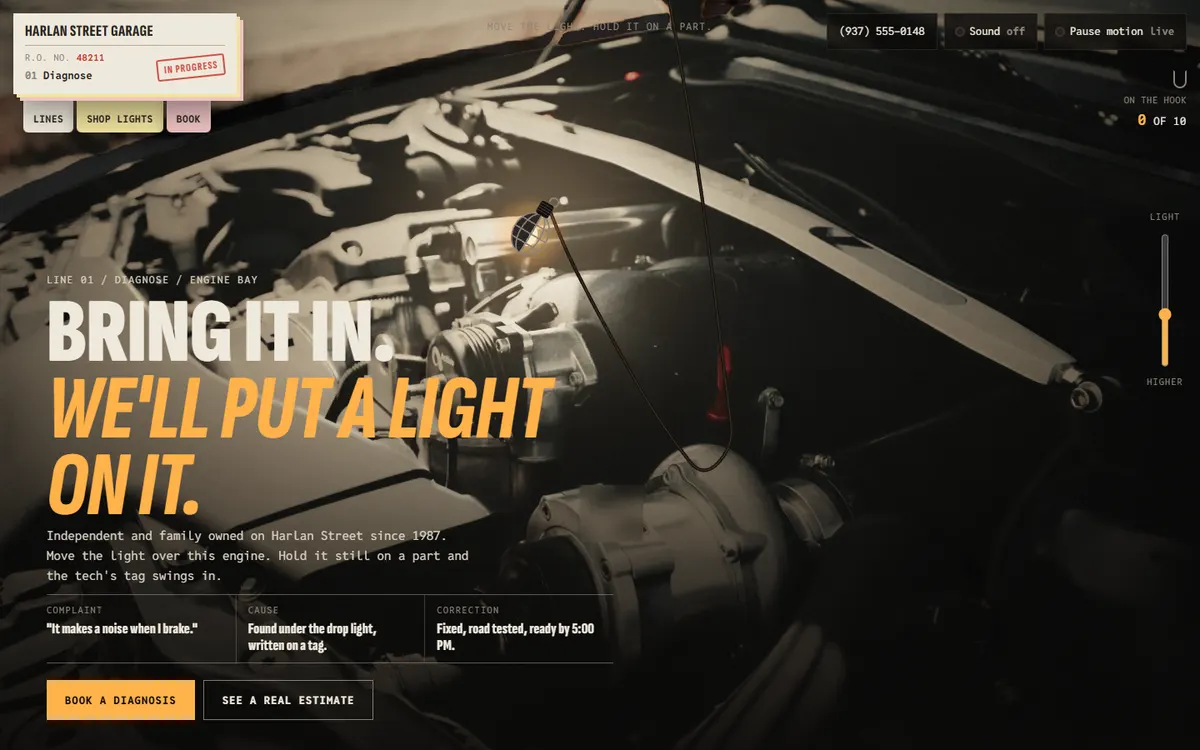 Harlan Street Garage Drop Light Auto Repair Site website template