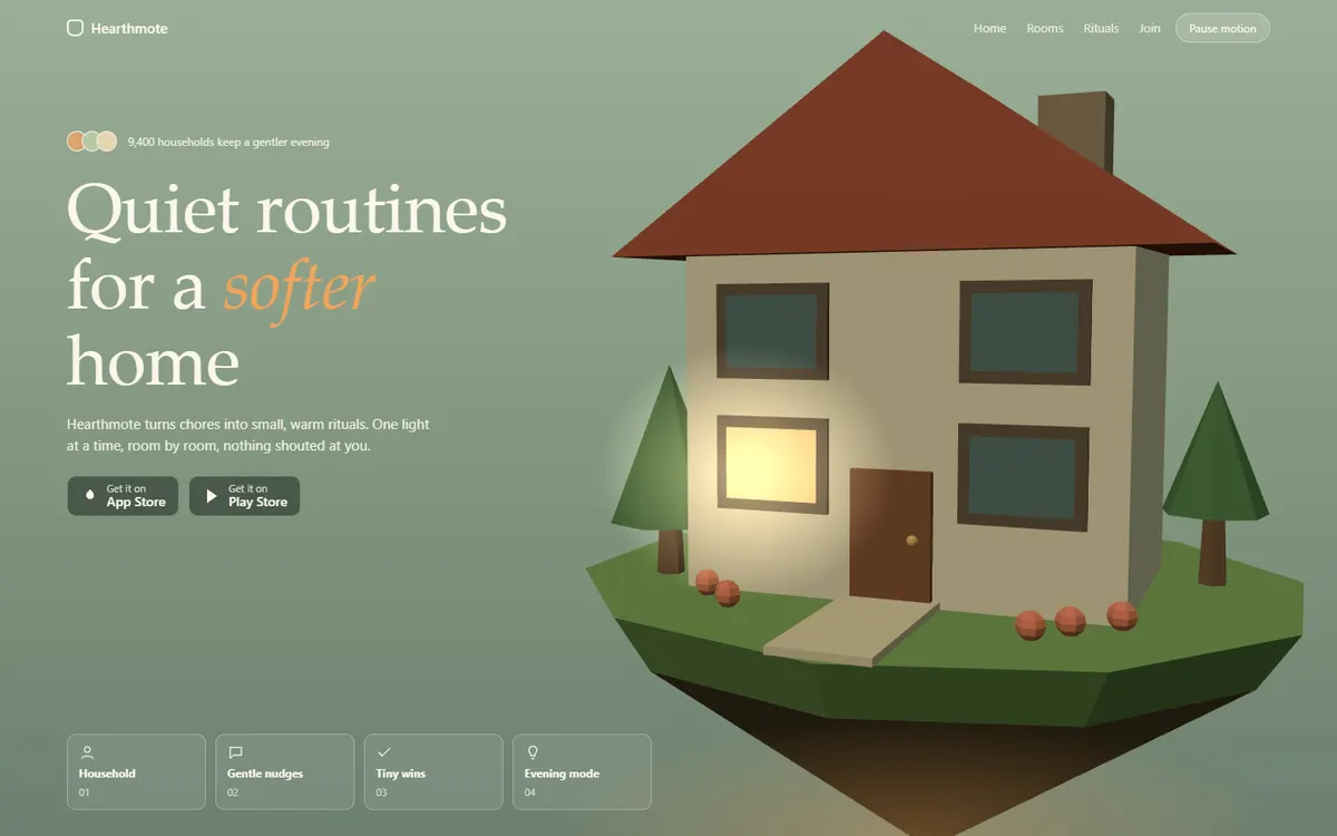 Hearthmote Floating House That Lights Up website template