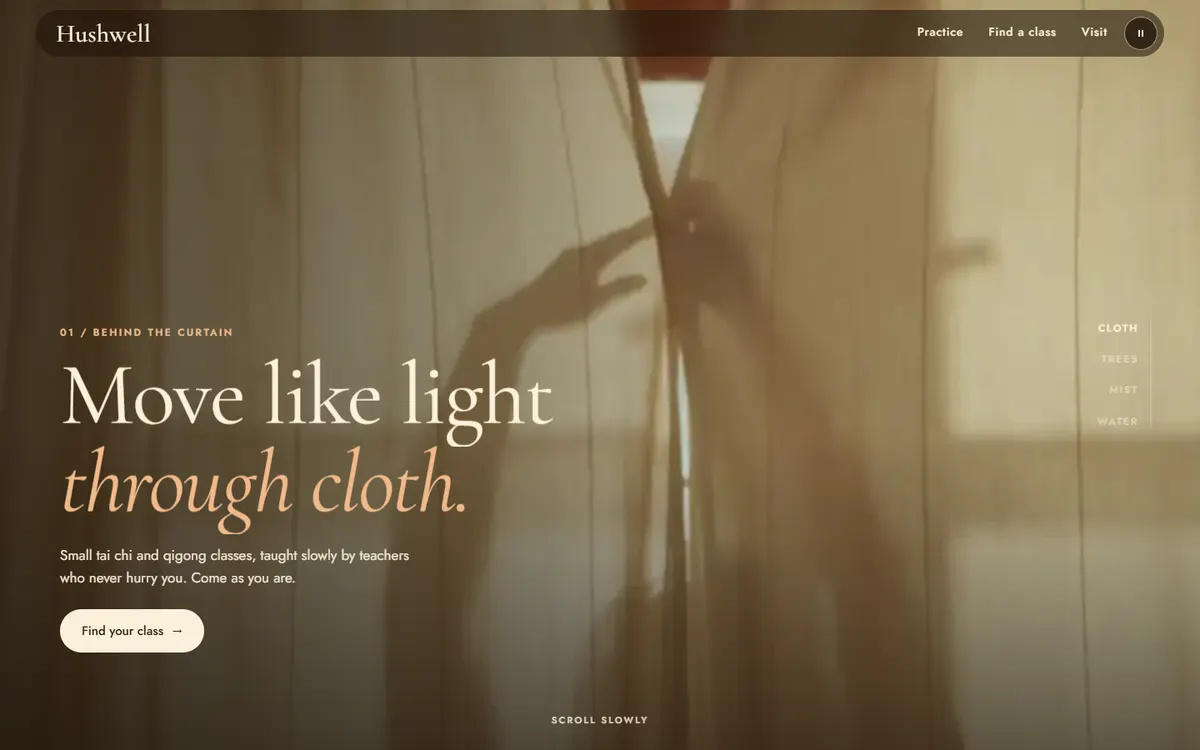 Hushwell: scroll through a curtain, a park and a misty lake website template