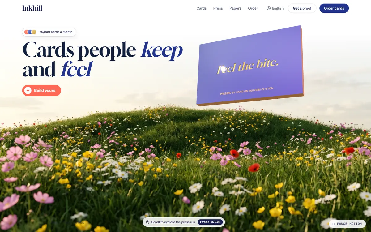 Inkhill Letterpress Card Flying Over a Flowering Hill website template