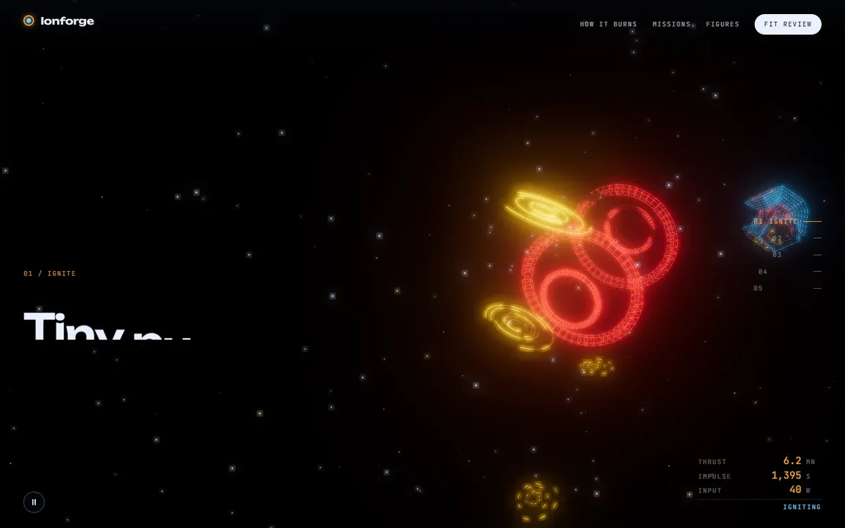 Ionforge Glowing Ion Drive, Opened and Flown website template
