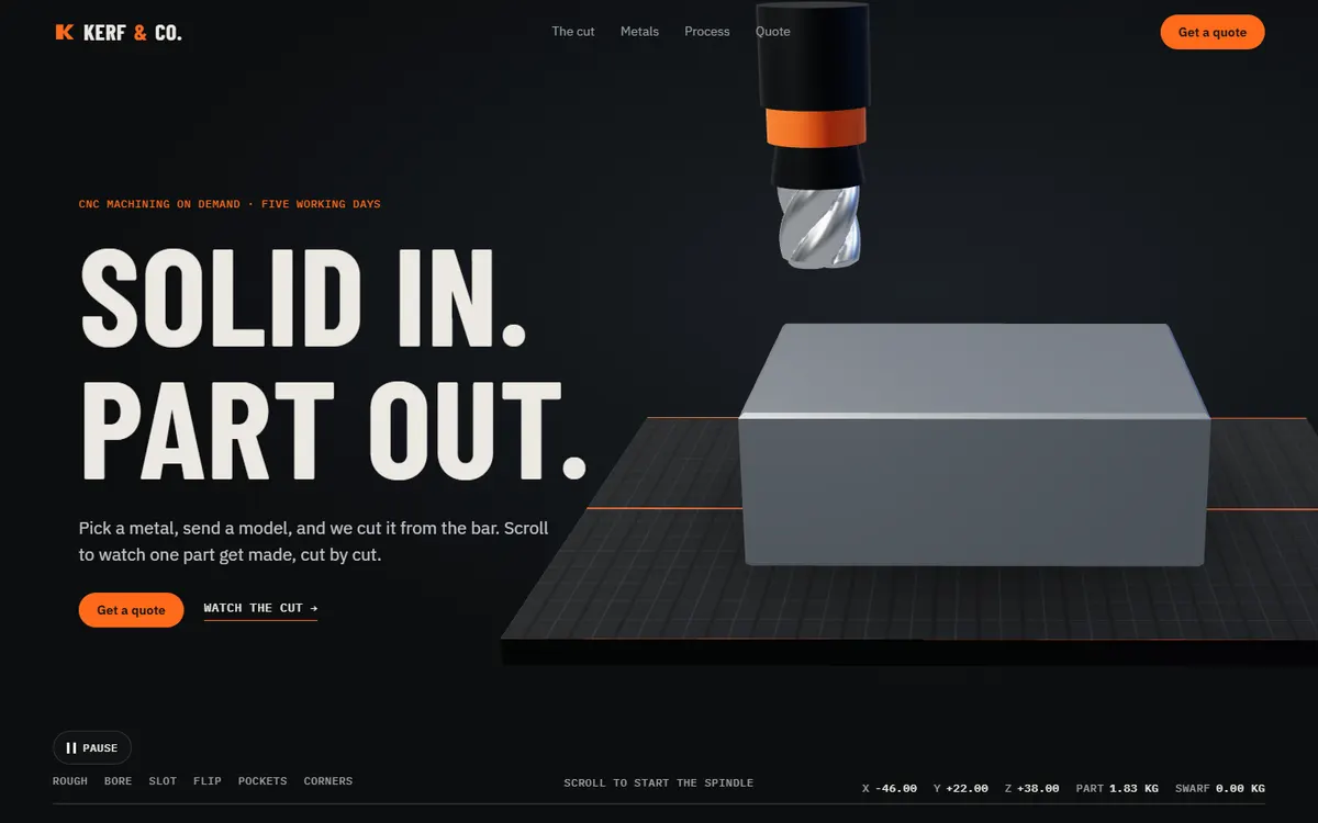 Kerf Metal Block Carved Into a Part on Scroll website template
