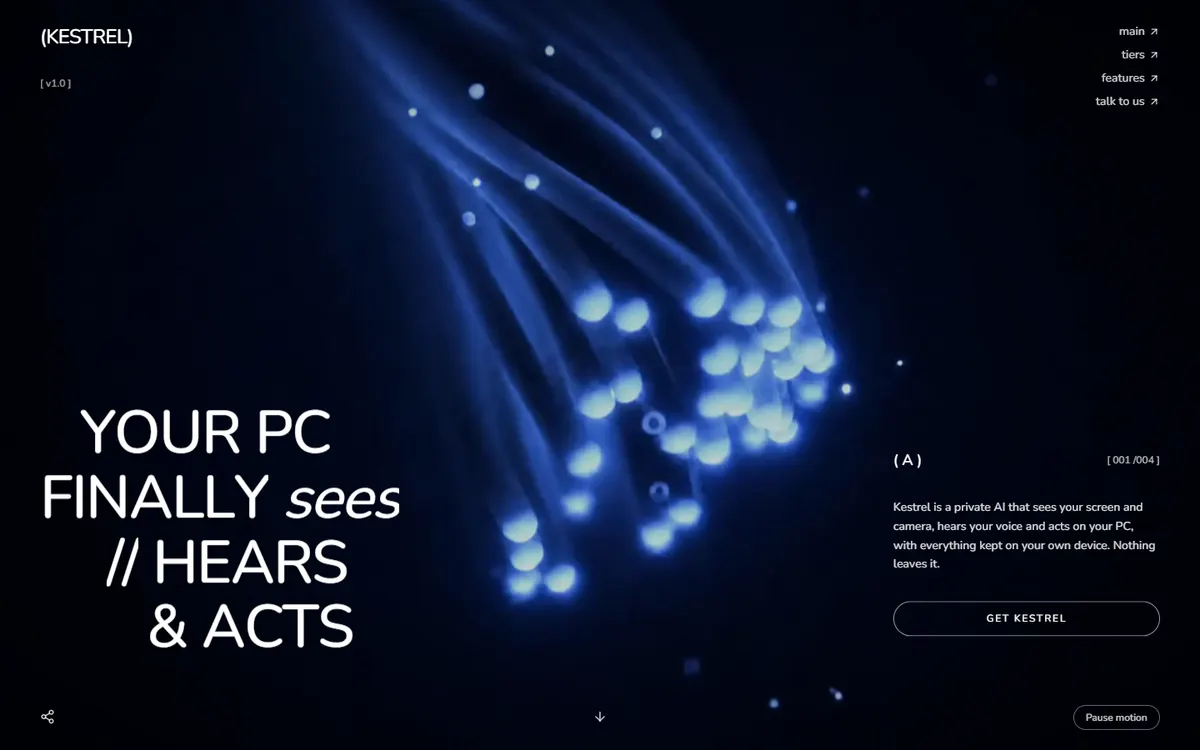 Kestrel PC AI with a Scroll-Scrubbed Fiber Iris Film website template