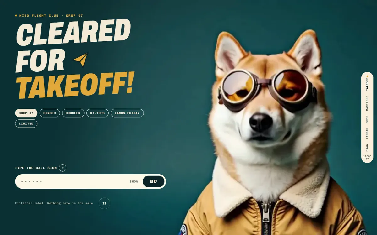 Kibo Flight Club Shiba Pilot Code-Gated Drop website template