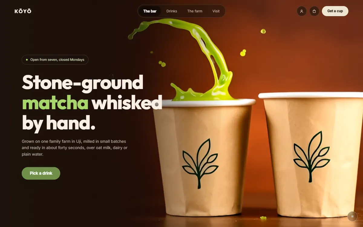 Kōyō Matcha Splash From Kraft Cups website template