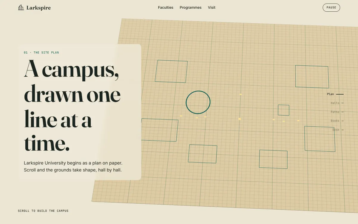 Larkspire Campus That Builds Itself on Scroll website template