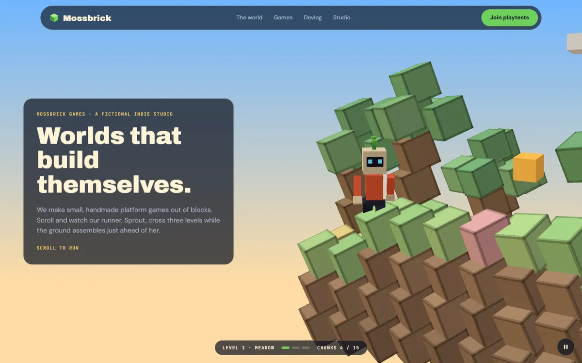 Mossbrick Voxel World That Builds Itself website template