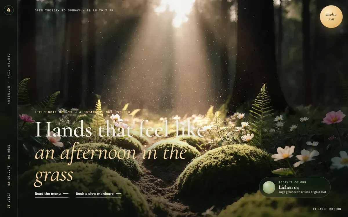 Mossglow Sunlit Forest Clearing for a Botanical Nail Studio website template