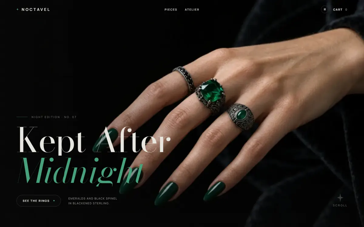 Noctavel Emerald and Blackened Silver Rings website template