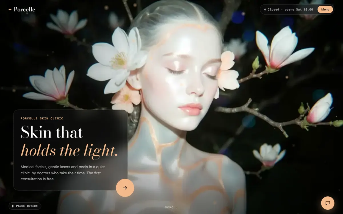 Porcelle Glass Skin Clinic Film in Night Magnolias website template