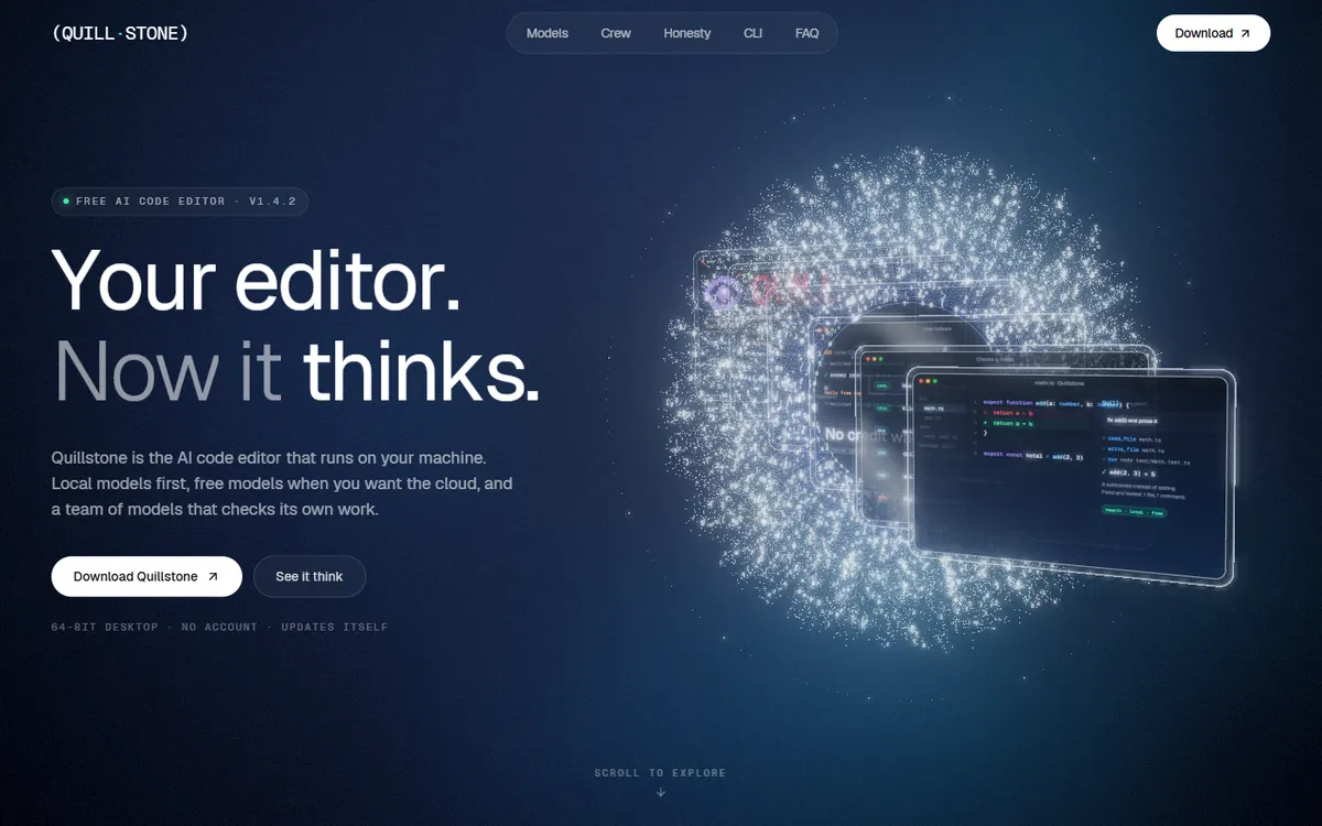 Quillstone AI Code Editor with a Particle Swarm website template