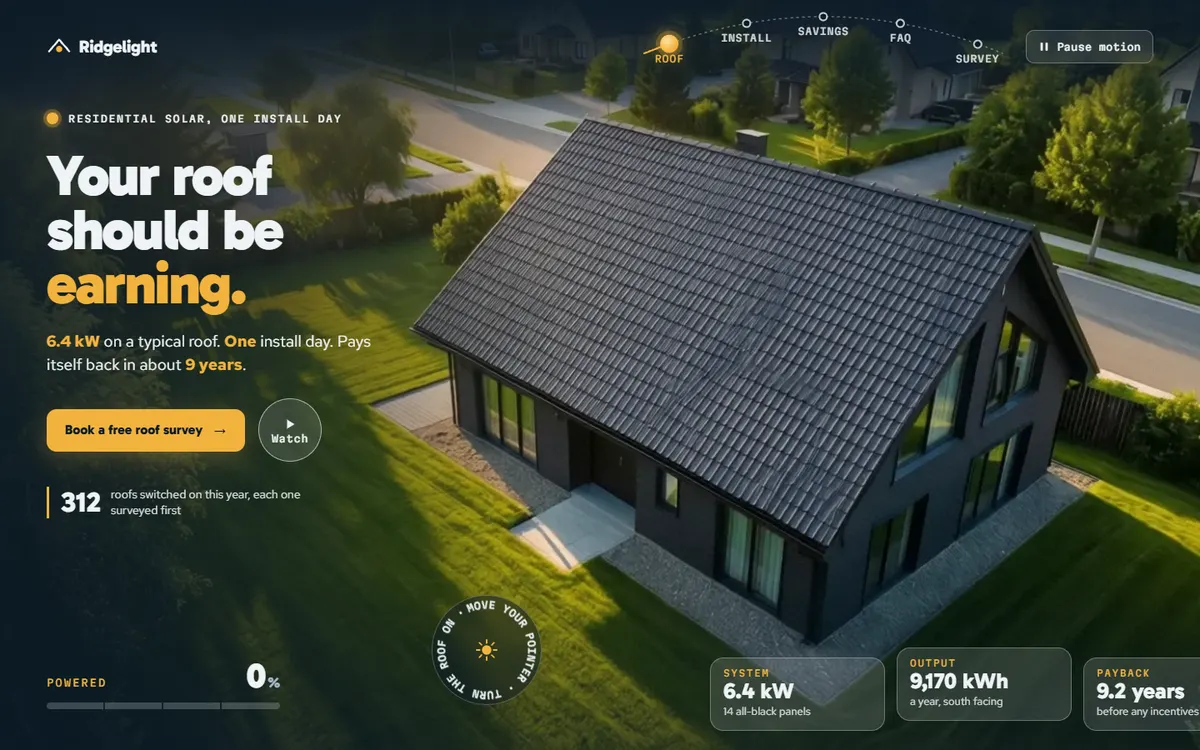 Ridgelight Solar Roofs Installer Site That Wakes on Hover website template