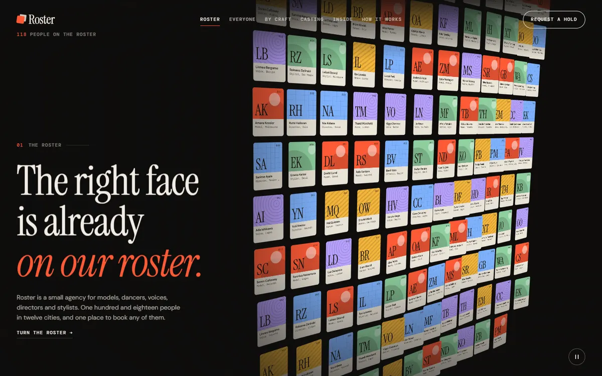 Roster Cards Fly Wall to Sphere to Helix website template