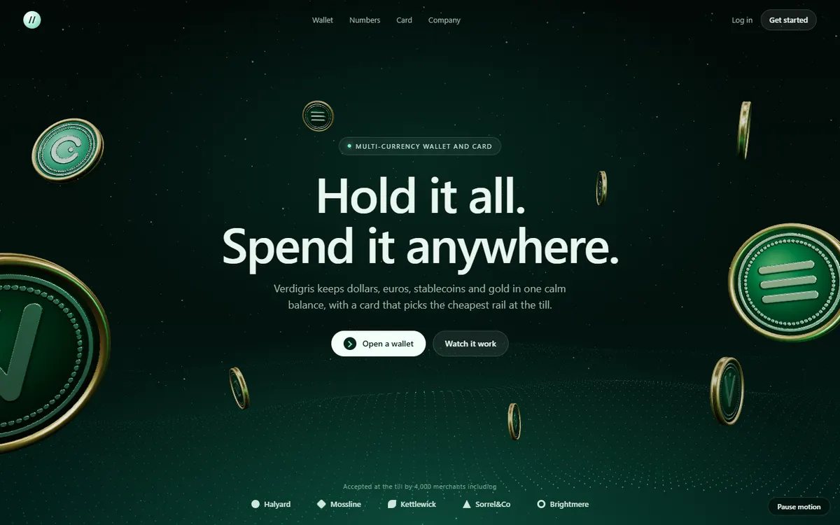 Verdigris Coins Floating Through Green Haze website template