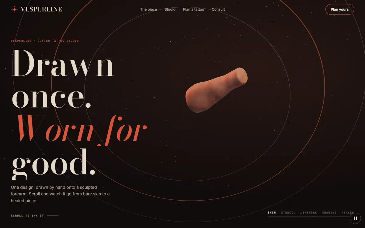 Vesperline Tattoo Drawn onto a Turning Arm website template